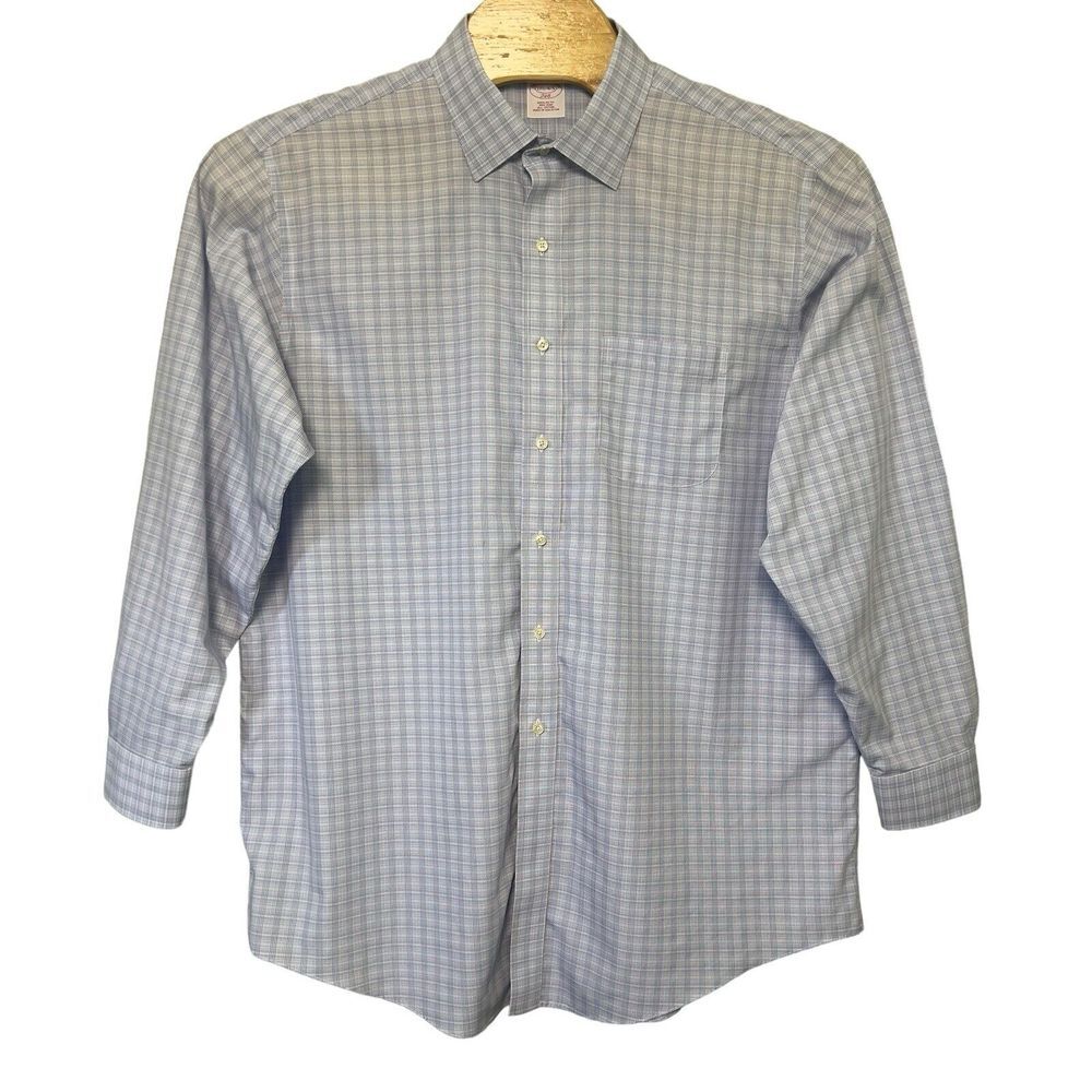 Brooks Brothers Men's Size 17 1/2 Blue Plaid Button Up Non-Iron Cotton Shirt